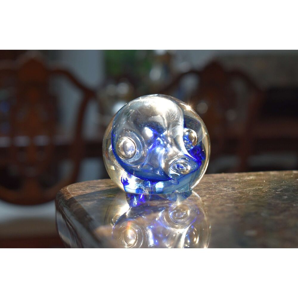 Karg Art Glass Signed Paperweight Deep Cobalt Blue Swirl Bubbles Kansas Studio